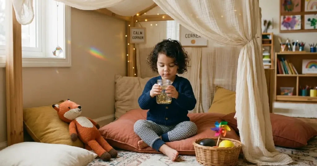 In the quiet corner of a sunlit classroom, a small child discovers that calm is a place you can always return to.