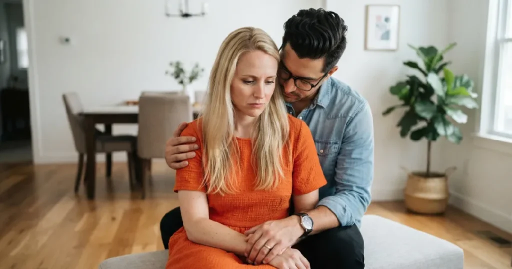 Man embracing woman on bench