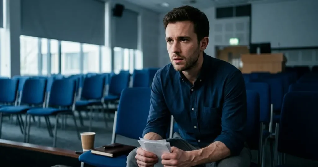Man sitting alone in a presentation room showing realistic physical signs of public speaking anxiety before a speech.