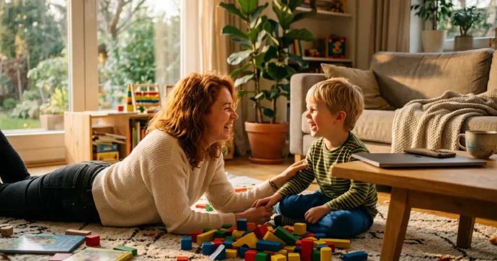 Mother and young son laughing together on the floor during a screen-free reconnection time; demonstrates the recovery framework in action.