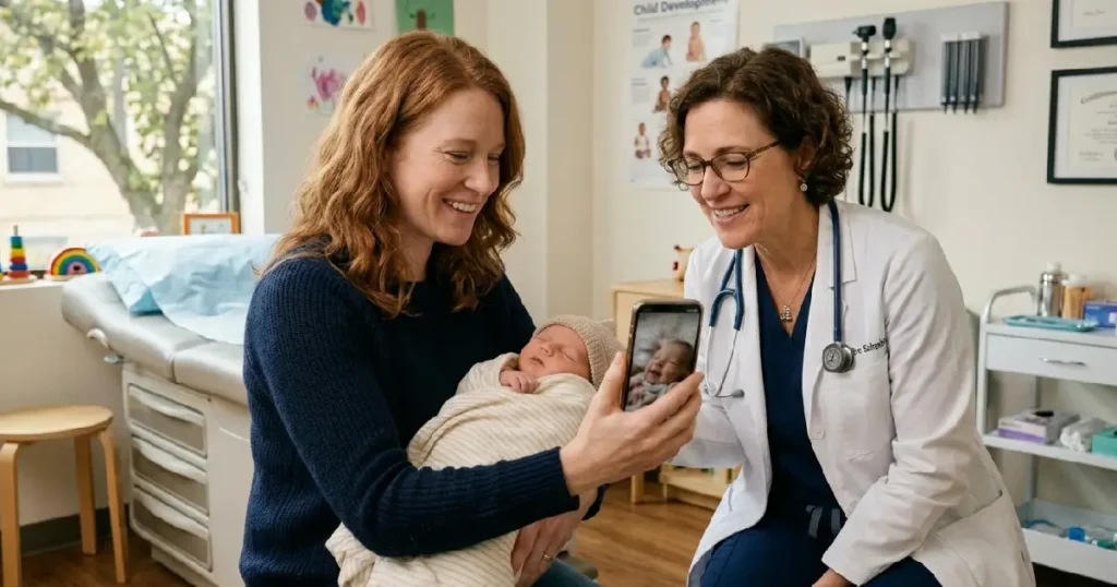 Pediatrician-Reviewing-Baby-Breathing-Video-With-Mother