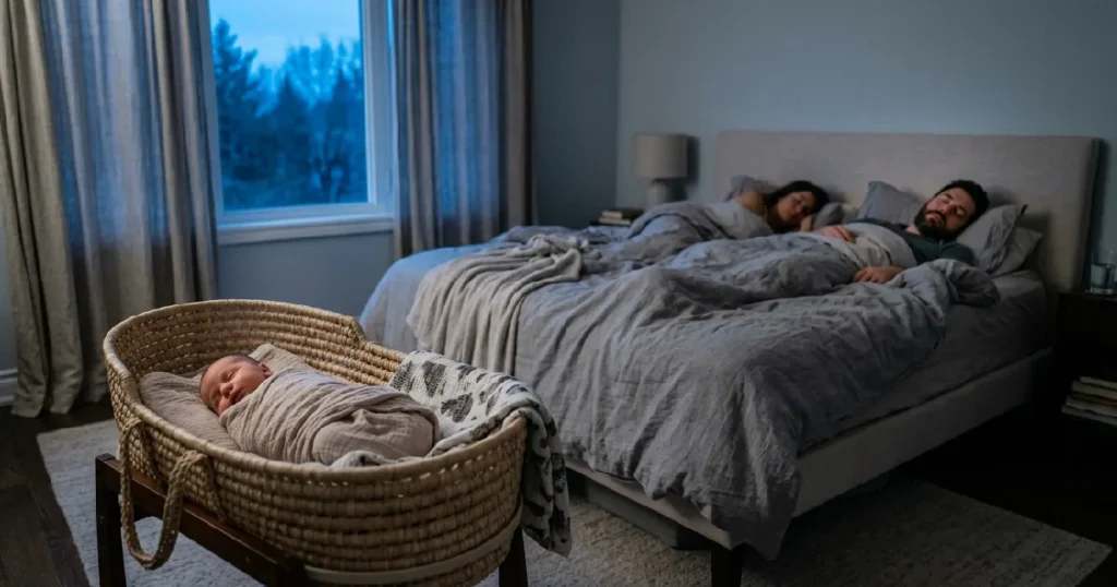 Relieved-Parent-Sleeping-Next-To-Baby
