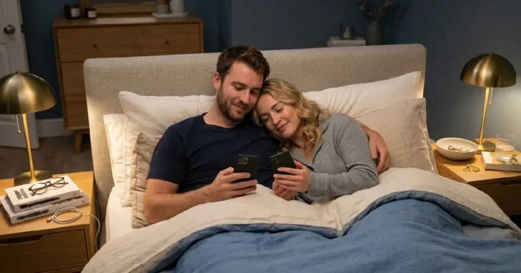 Romantic Couple Reading Goodnight Texts Together In Bed