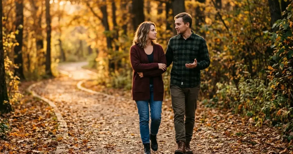 Serious Couple Having Deep Conversation During Sunset Walk Outdoors