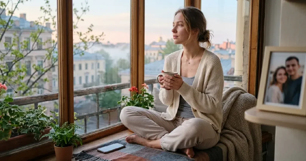 Woman Missing Long Distance Boyfriend During Morning Routine