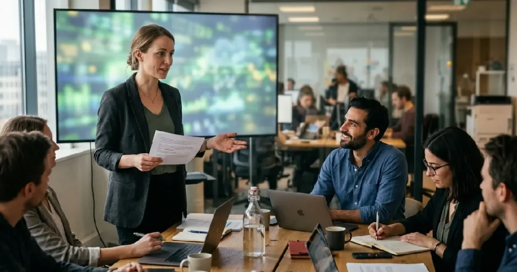 Woman giving a team presentation at work with calm focus and human connection in a modern office.