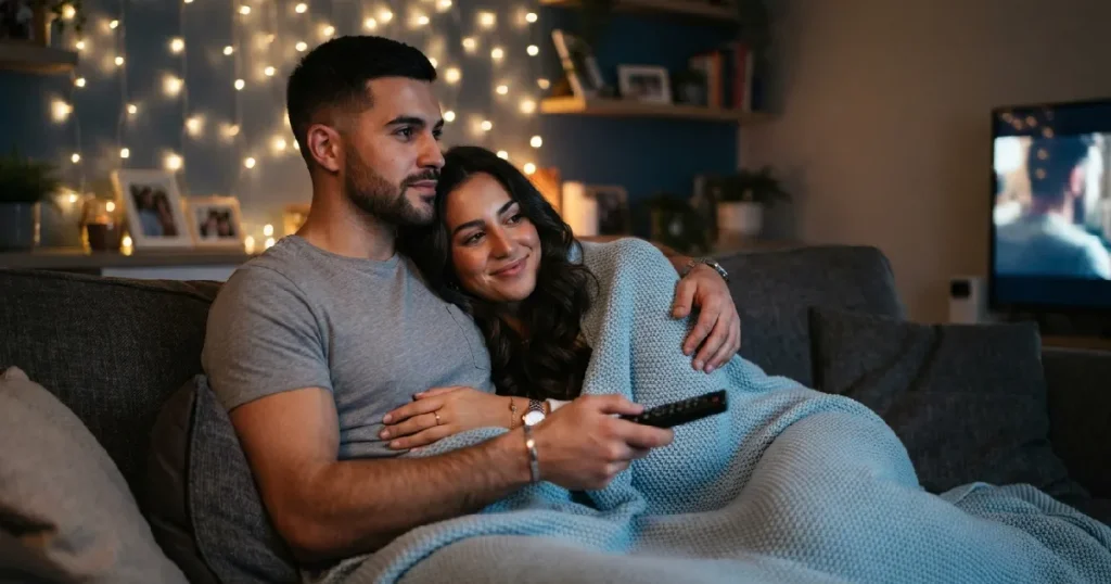 Couple cuddling on couch