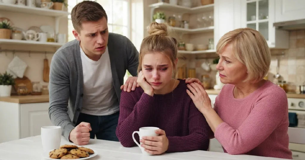 Family comforting seated young