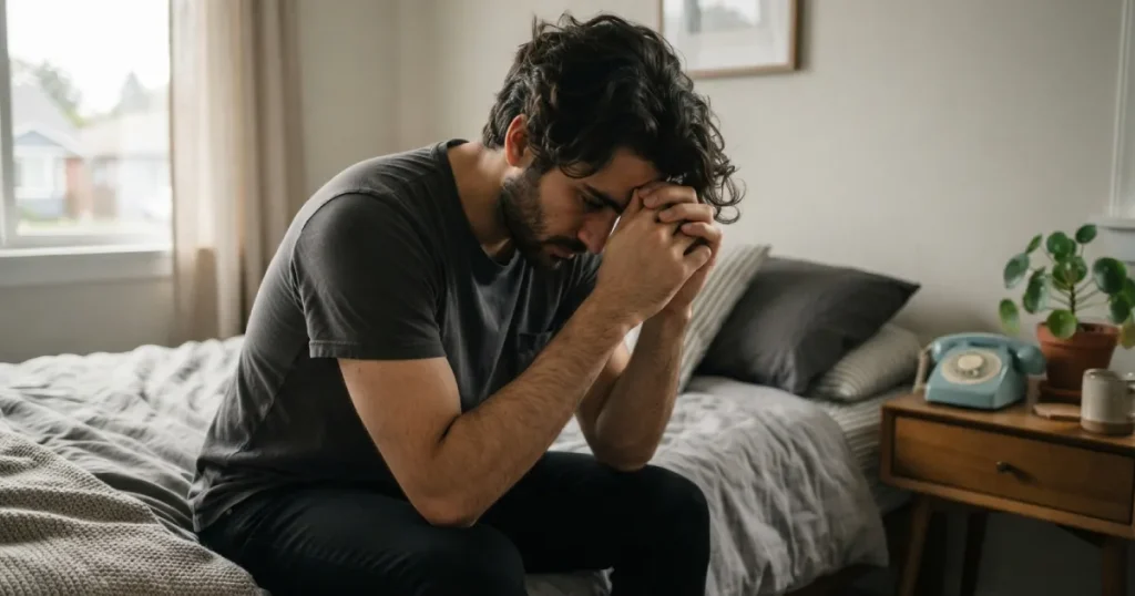 Man seated thinking in bedroom