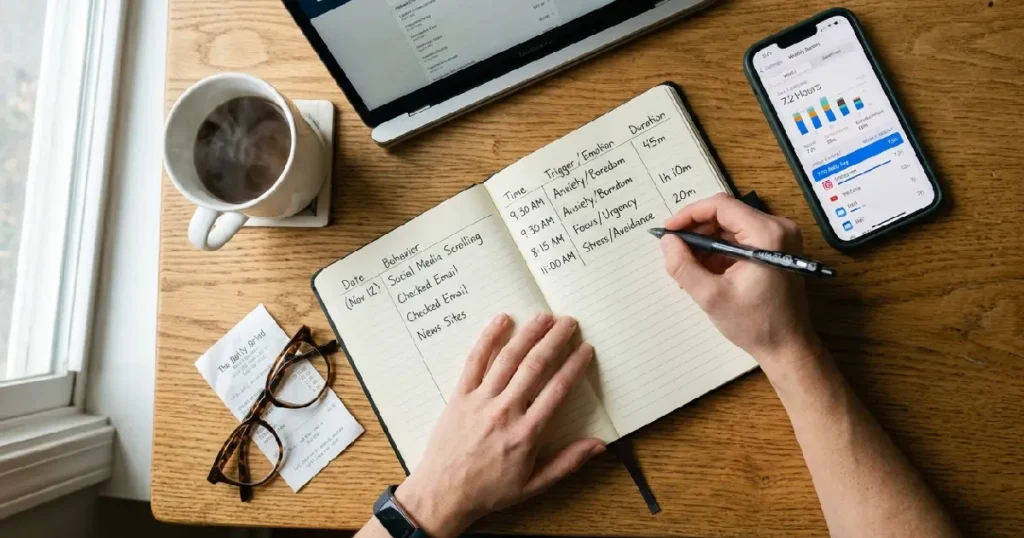 Person Conducting Personal Dopamine Audit With Journal and Screen Time Data