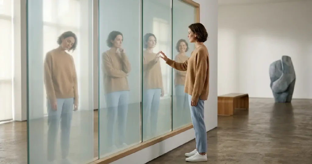 Person touching translucent reflection panels showing different emotional versions of themselves
