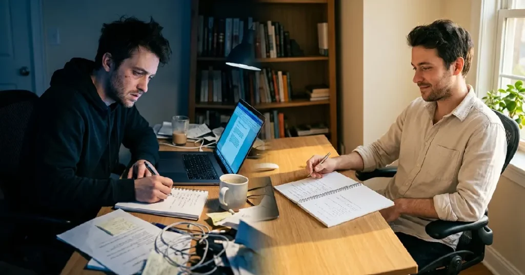 Same person shown stressed at night and calm in the morning while reflecting on personality patterns