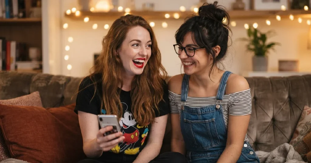 Two women sitting on sofa