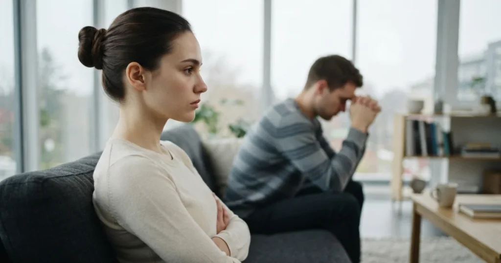 Woman and man sitting apart
