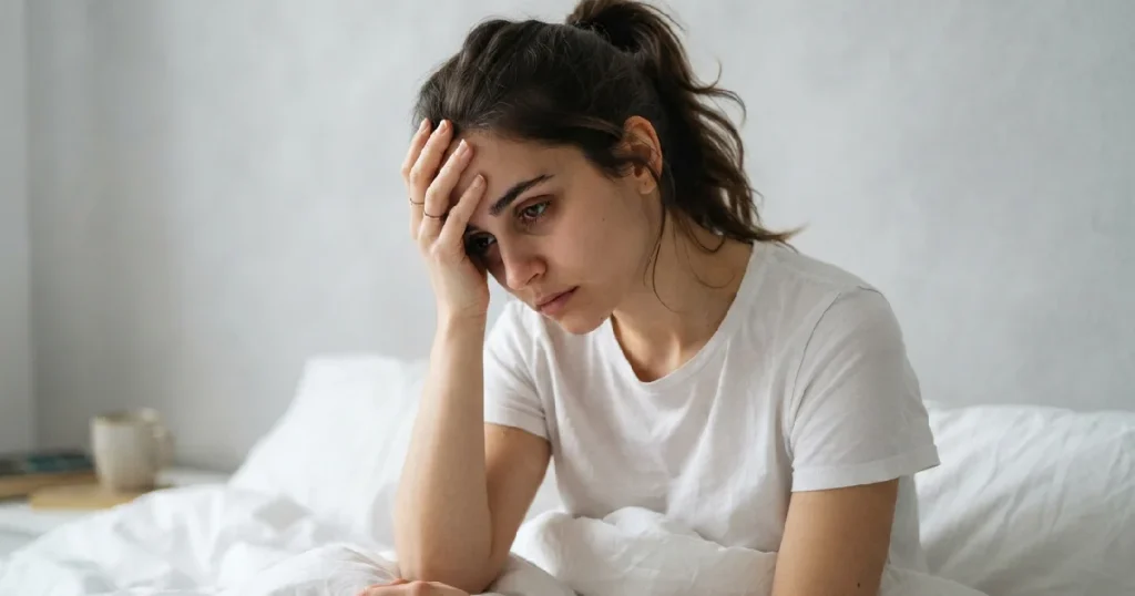 Woman in bed looking distressed