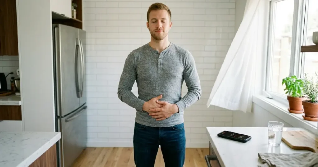 Young Man Practicing 10-Minute Delay Rule With Timer and Deep Breathing