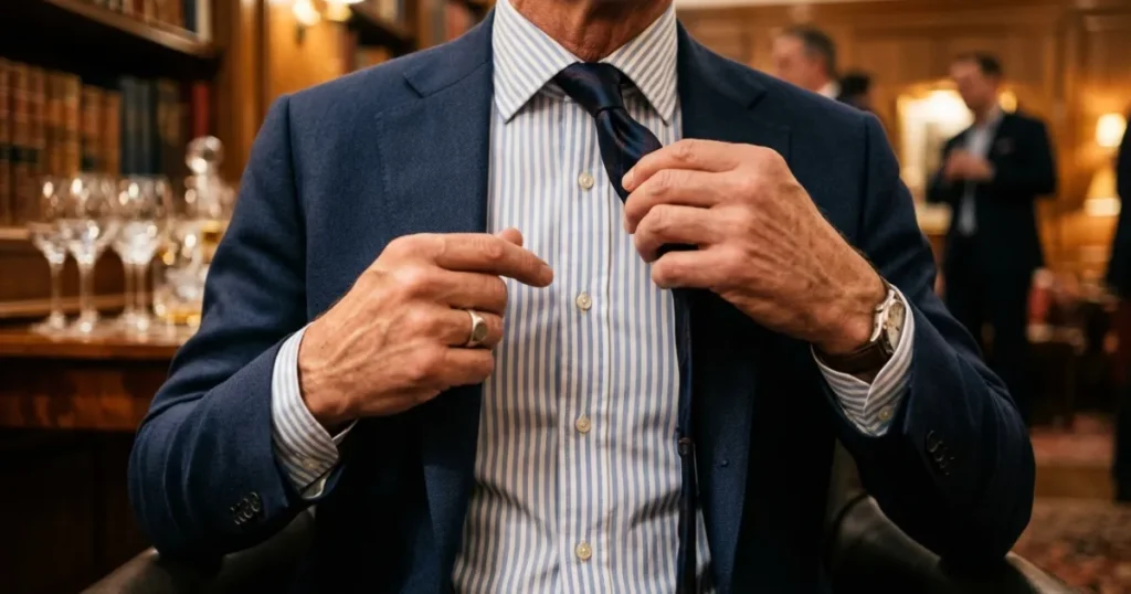 Bengal Stripe Dress Shirt Detail with Navy Suit Lapel Close Up