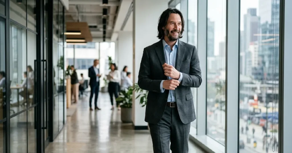 Business Professional Wearing Light Blue Shirt with Charcoal Suit Office Setting