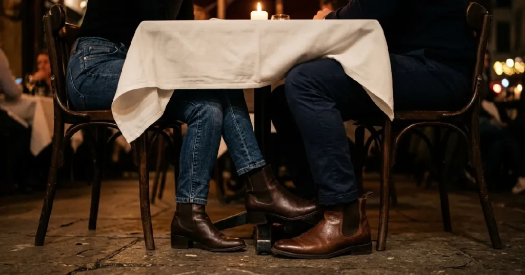 Close-up of a couple on a Valentine's date wearing smart casual jeans