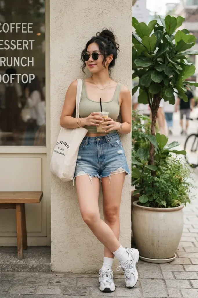 Denim Shorts + Crop Top + Layered Basics