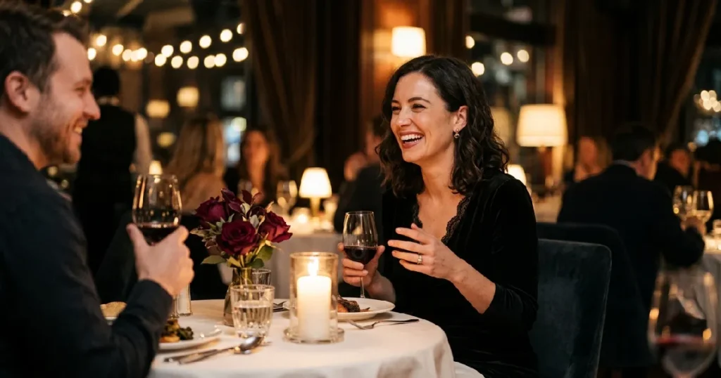 Elegant woman in black velvet dress at Valentine's Day dinner, confident and romantic