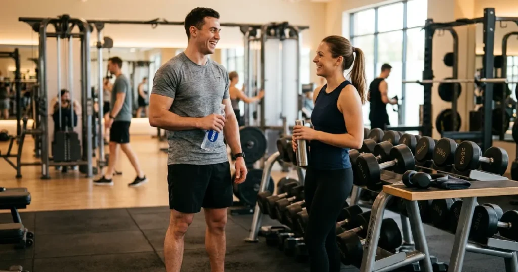 Man Confidently Chatting at the Gym Without Headphones