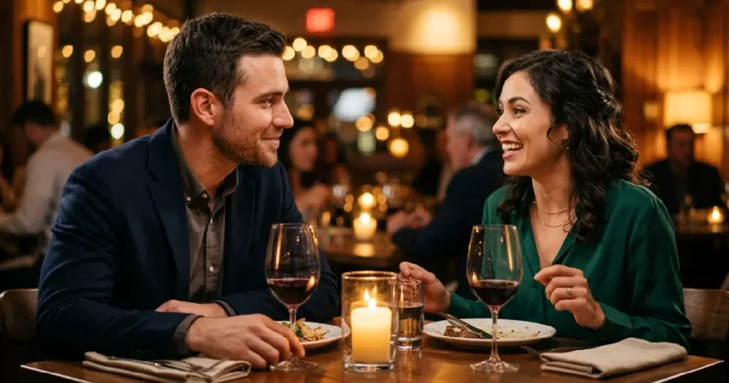 Man listening attentively to woman on first date, showing how to stop talking about myself and make her feel heard