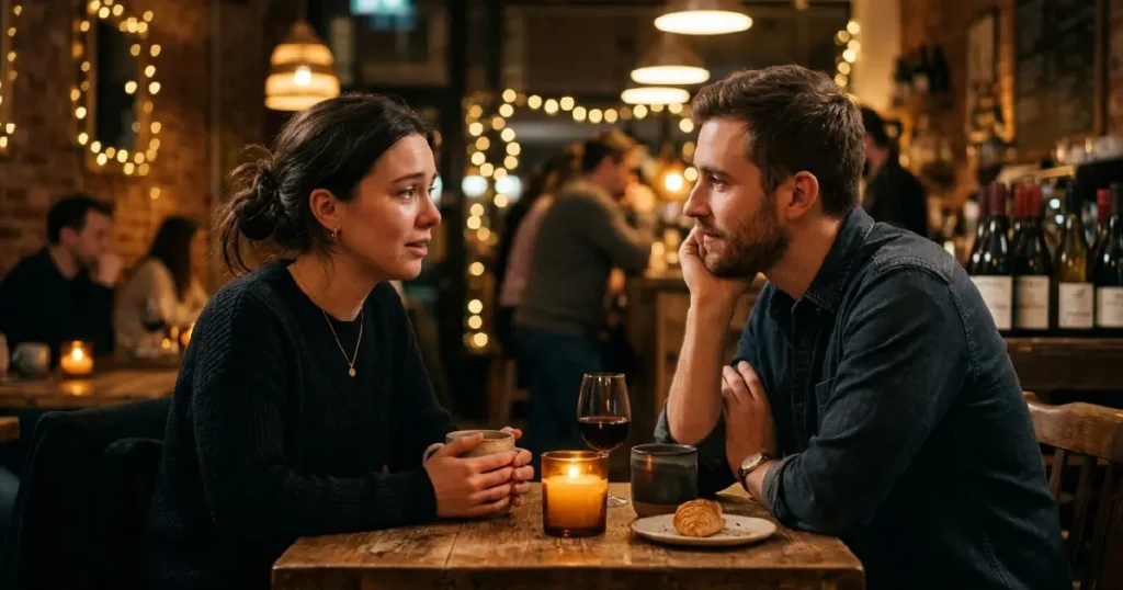 Two People Sharing a Deep Conversation Over Coffee at Night