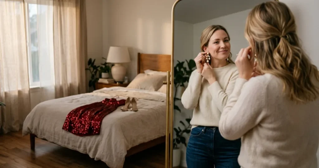 Woman feeling confident in jeans for a Valentine's date reflection