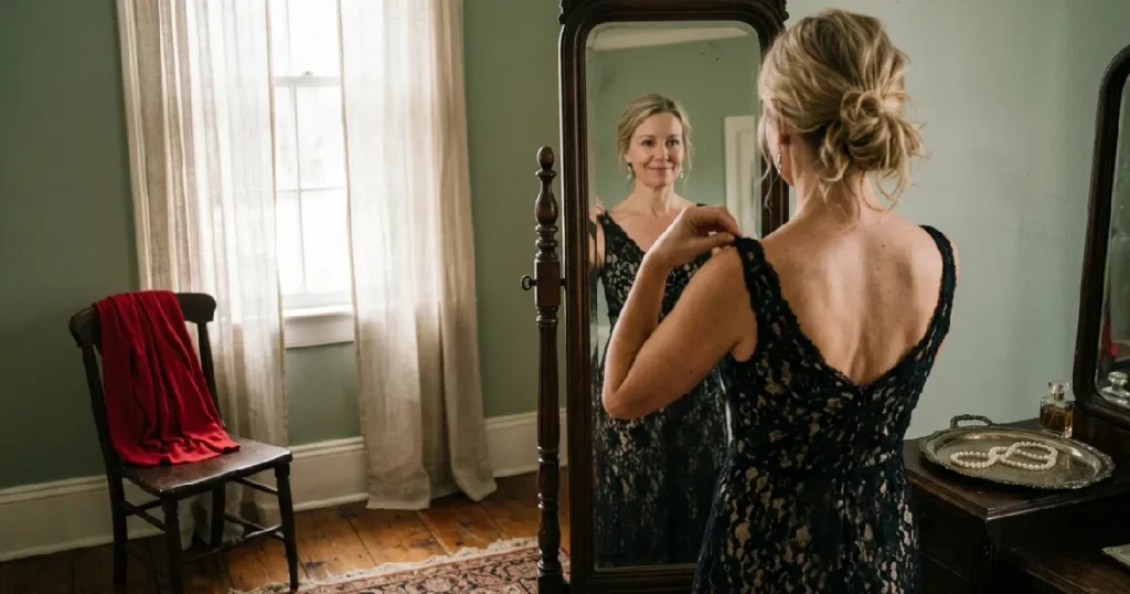 Woman looking in mirror wearing black lace dress on Valentine's Day, self-acceptance and confidence