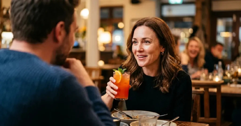 Woman smiling warmly during first date as man listens, illustrating the power of stopping yourself from talking about yourself