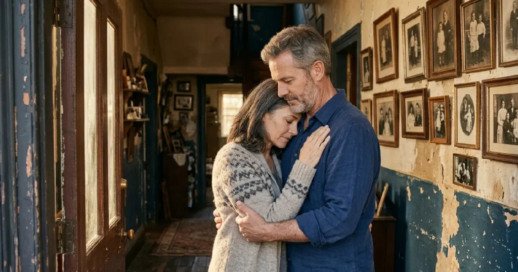 Couple embracing in doorway