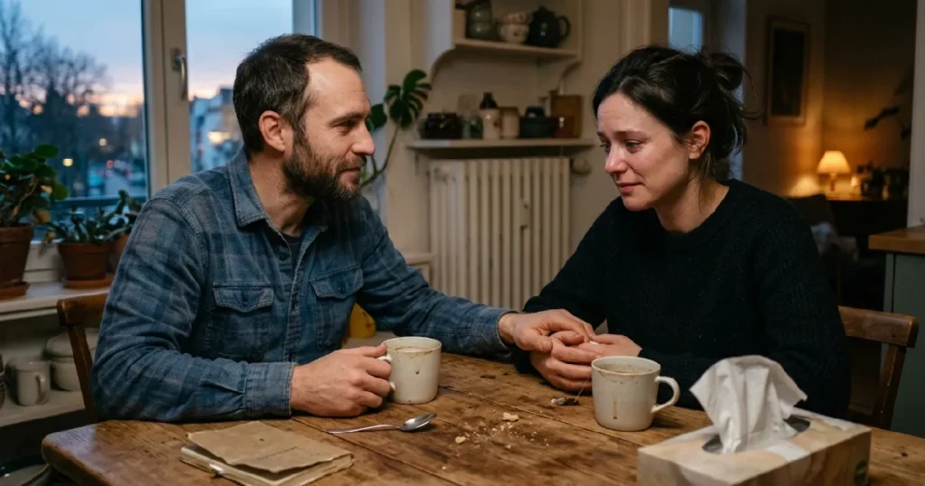 Couple holding hands at table