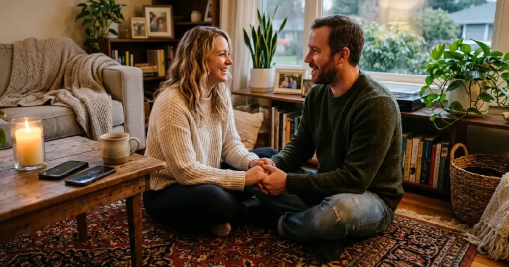 Couple holding hands conversation