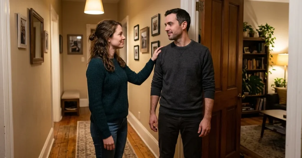 Couple pausing conflict hallway