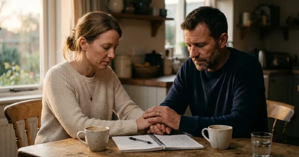 Couple praying at kitchen table