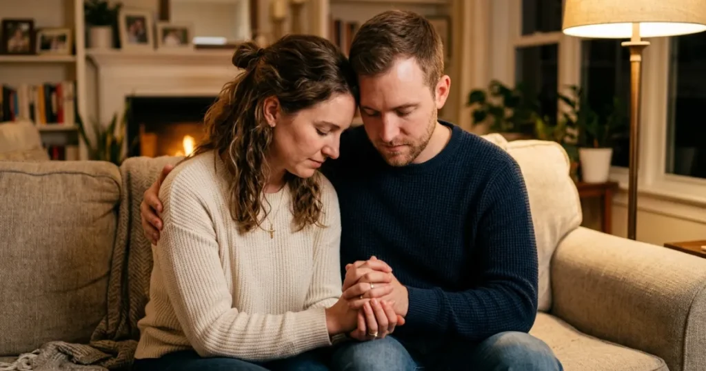Couple praying on couch