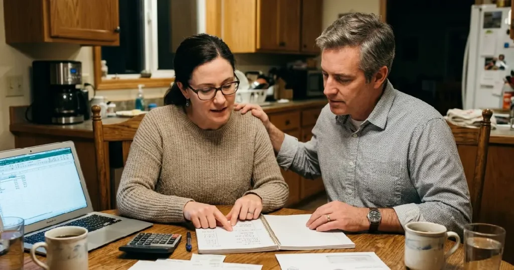 Couple reviewing bills at table