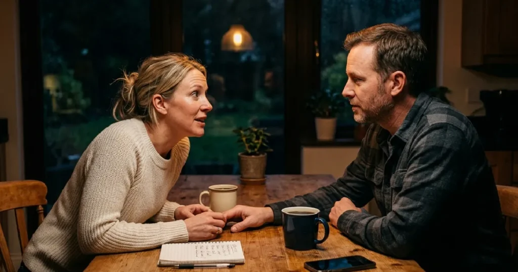 Couple talking at kitchen table
