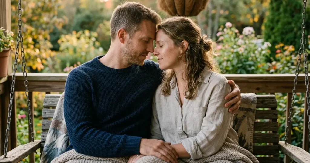 Couple touching foreheads porch