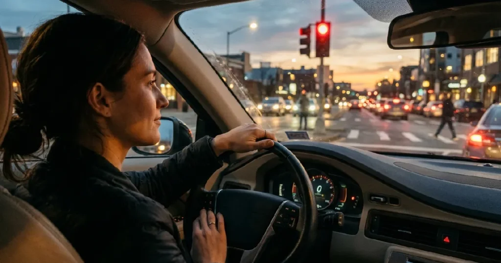 Driver at traffic intersection dusk