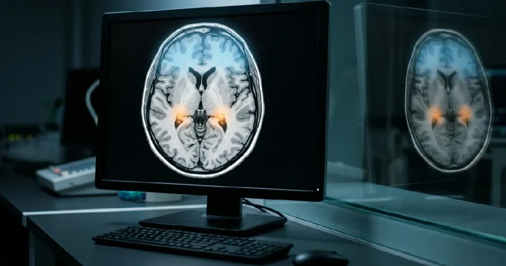 Human brain scan on monitor