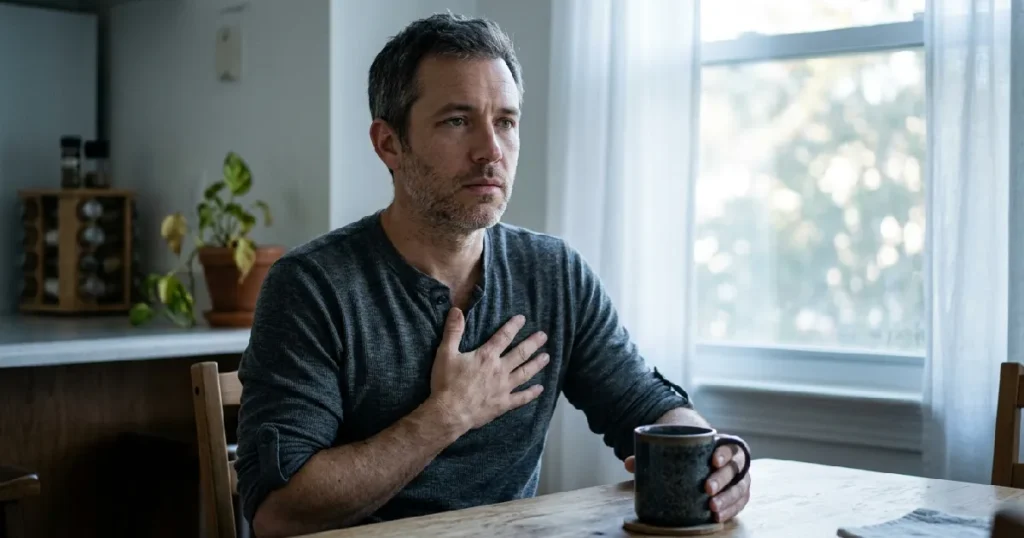 Man sitting at table holding coffee