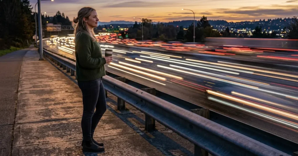 Person standing beside highway