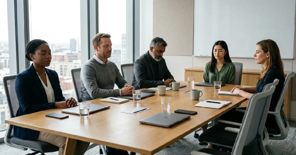 Professionals in silent meeting