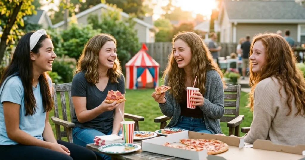 Teenage girls enjoying pizza party