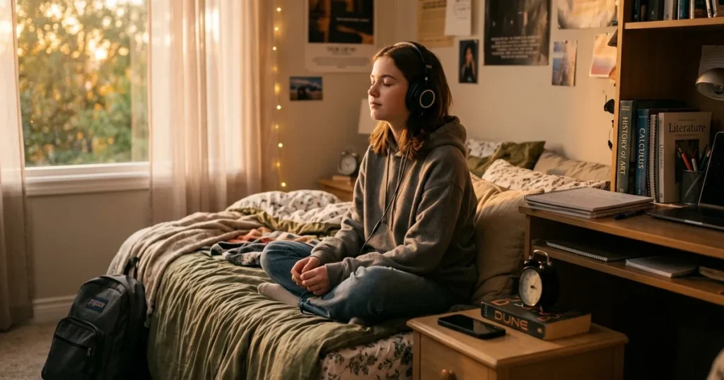 Teenager sitting on bed headphones