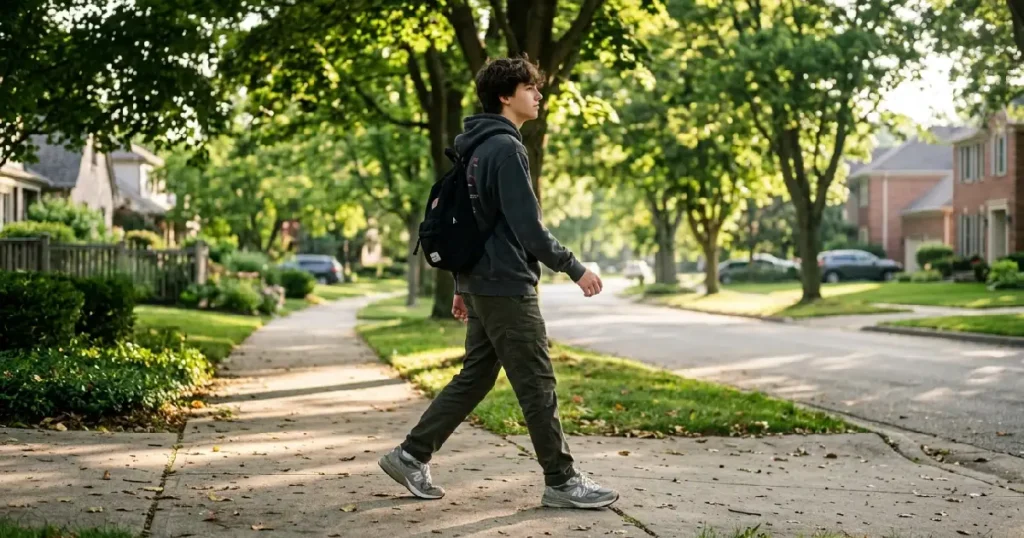 Teenager walking on sidewalk