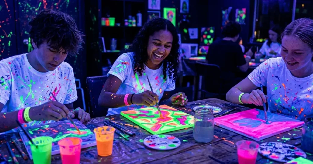 Teenagers painting with glowing