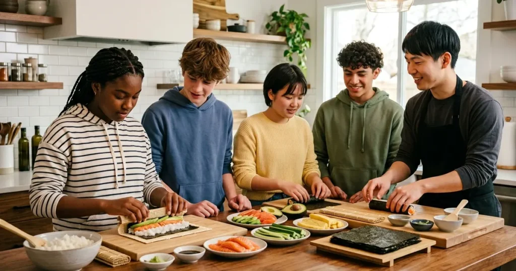 Teenagers rolling sushi with chef